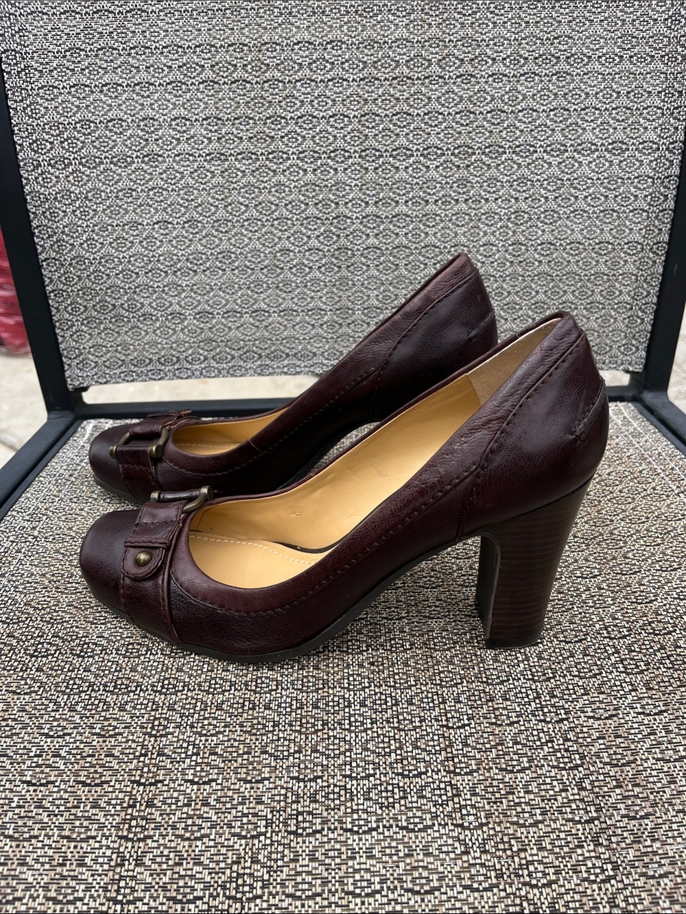 NEW Nine West Chocolate Brown Leather Square-Toe Heels with Buckle Detail Size 9
